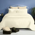 Pekozi 100% Cotton Bed Sheets For King Size Bed, 1 Bedsheet Super King Size Bed Cotton 112x108 Inch with 2 Pillow Covers | 300 TC Plain Bedsheets For King Size Bed Solid Stripes (Ivory)